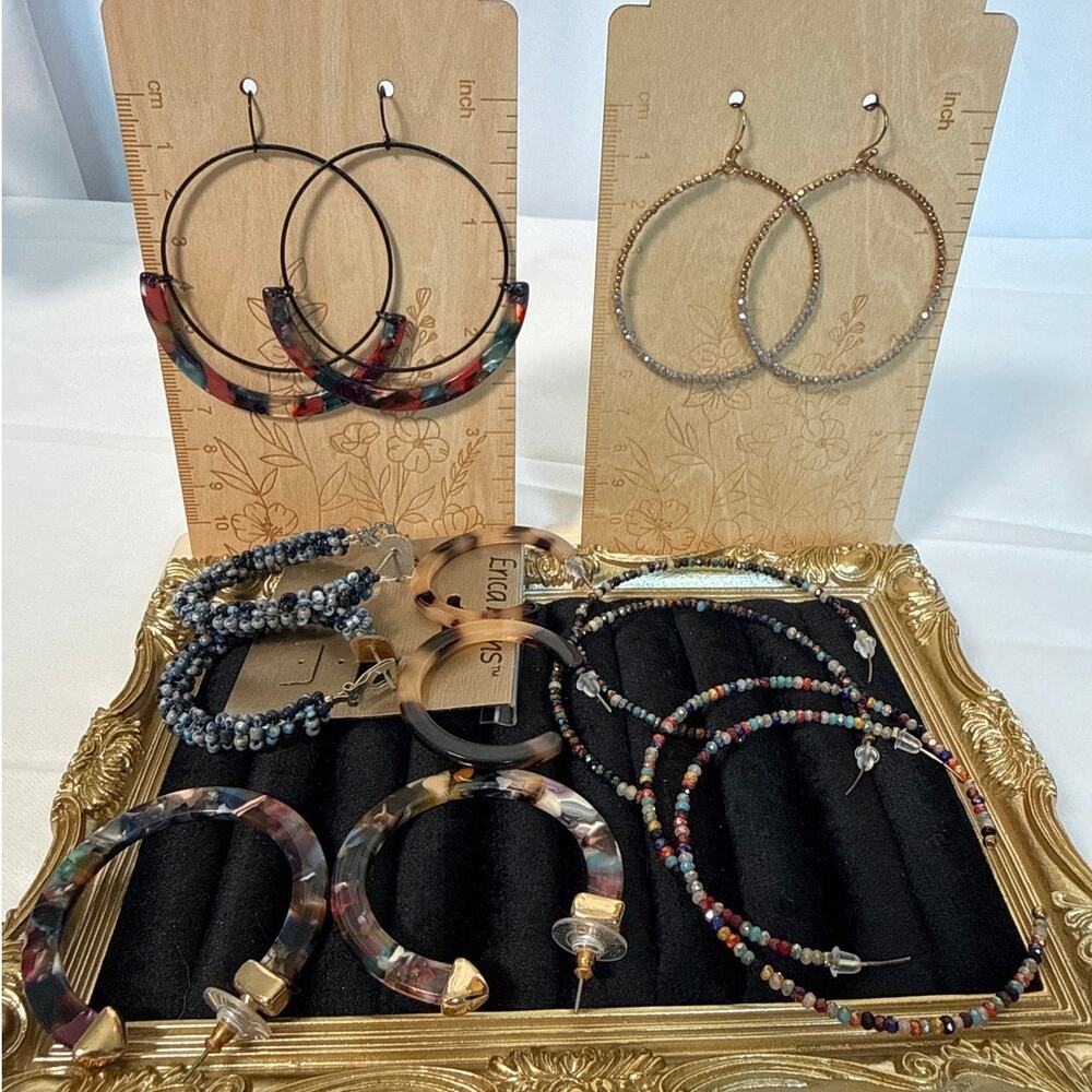 7 Pair Hoop Earrings Lot Boho Vintage Beaded Animal Print & Retro Styles